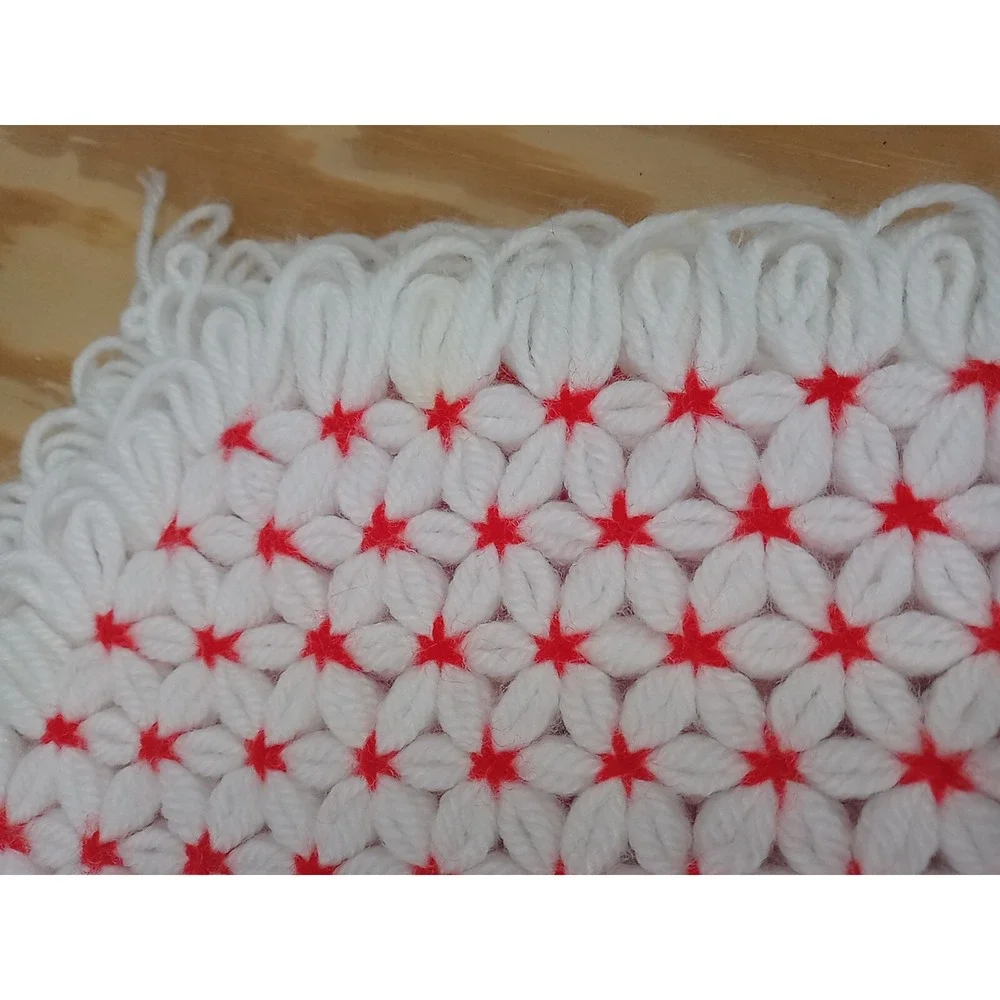 Lot Of 4 VTG Handmade Star Placemats Crochet Yarn White With Red Stars Table Mat